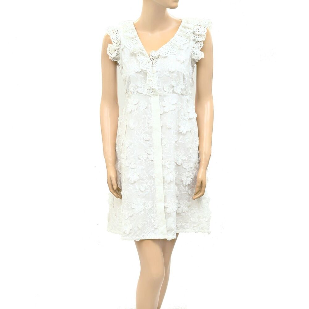 Sezane Eyelet Embroidered Mini Dress Buttondown Floral Patchwork XS New 254394